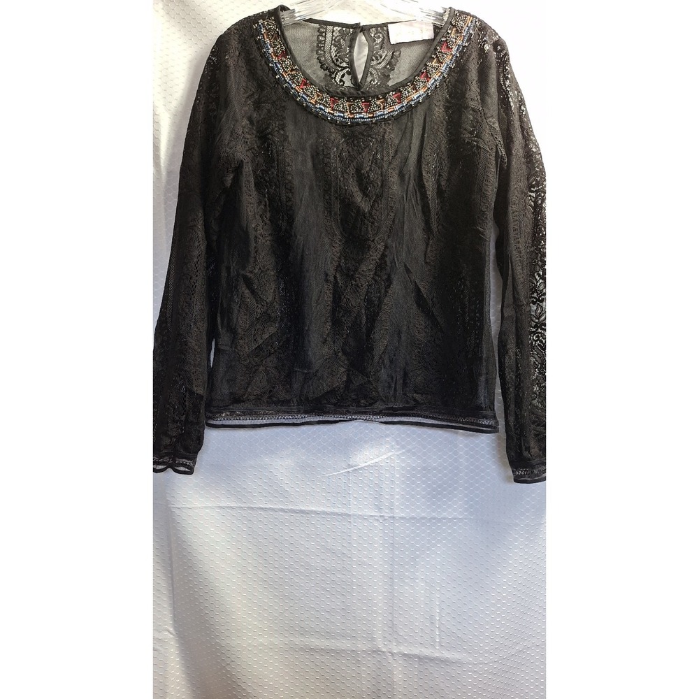 Y2K OOBER SWANK Sheer Lace Top Sz L Black Beaded Neckline 90s Whimsigoth Witchy